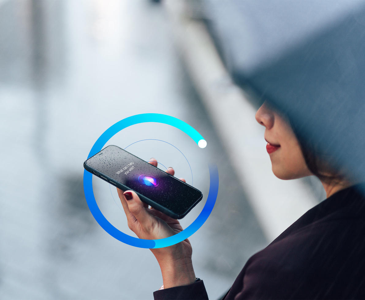 woman speaking into phone with blue circle illustration